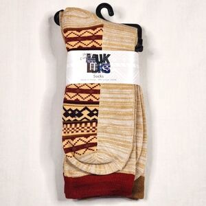 NWT Muk Luks Mens Socks, Crew Length, Boot, Tan With Red & Blue Aztec, Bamboo